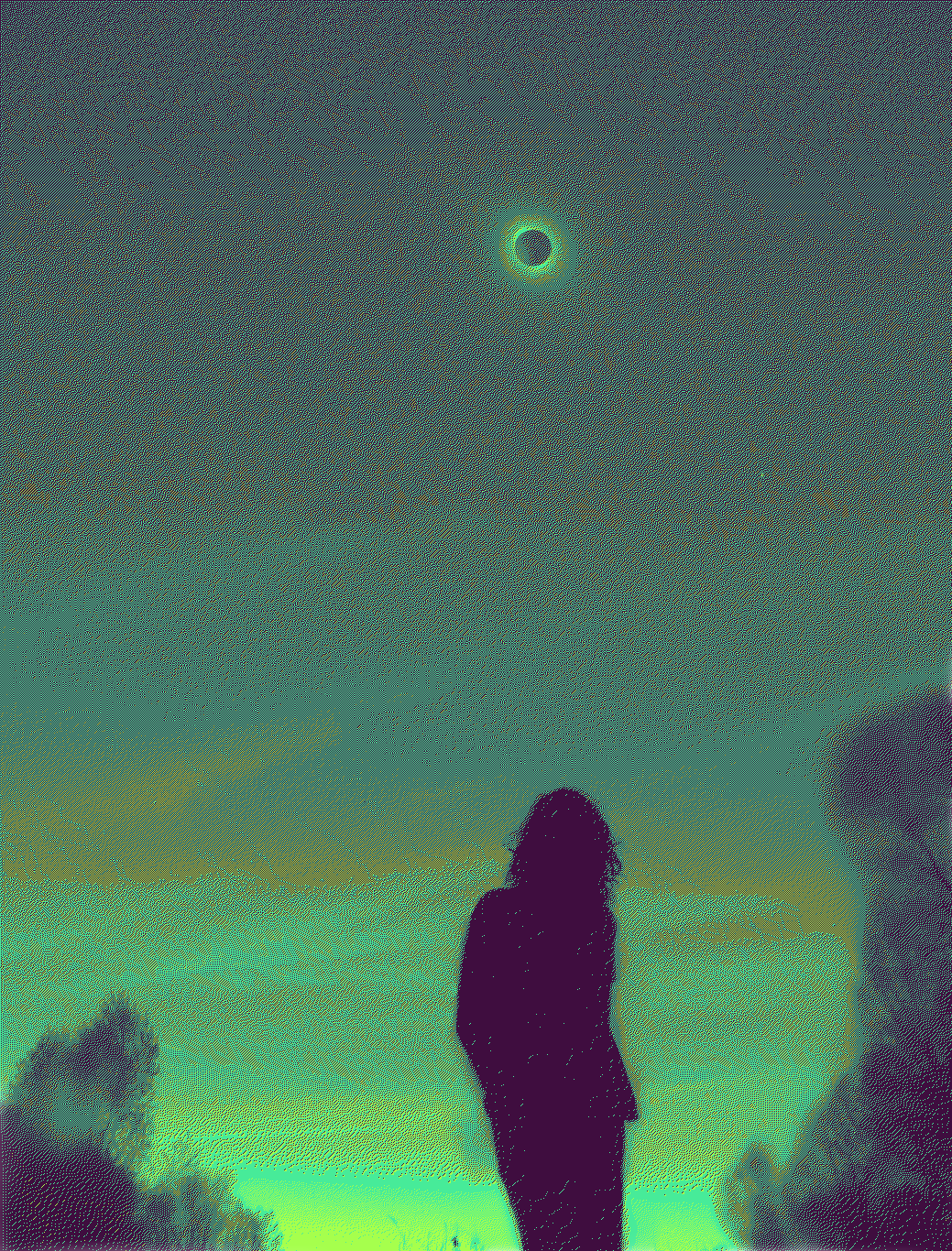 dithered photo of an eclipse with a silhouetted onlooker