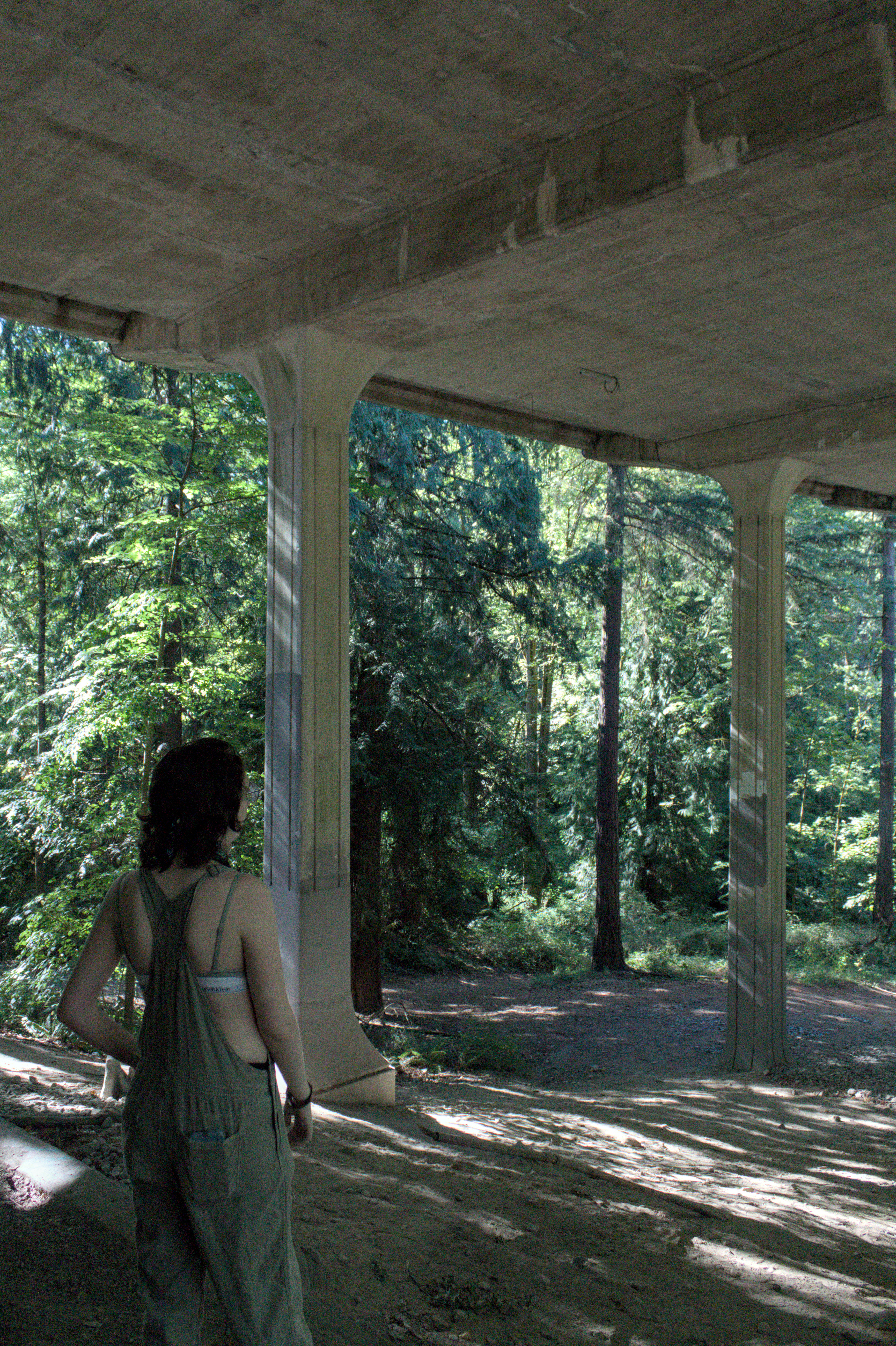 the underside of a bridge, amidst woodlands. in the foreground is a beautiful bird (adult human woman, white, wearing green overalls) with its back to the camera.